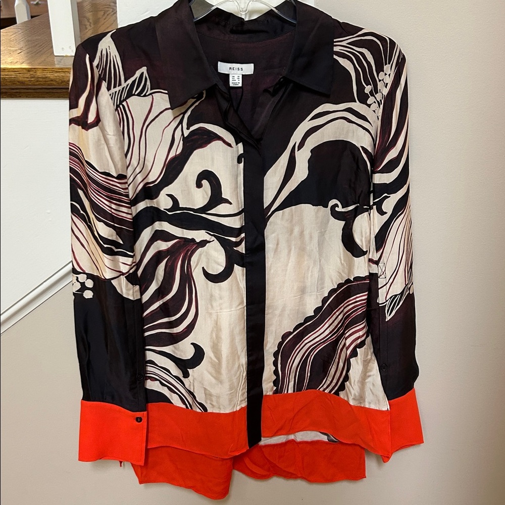 Reiss Women’s Size 6 Karl Orchid Printed button down shirt brown red - Picture 5 of 16